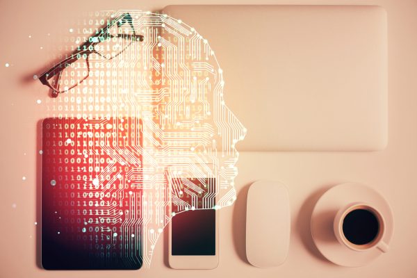 Multi exposure of brain drawing over work table desktop. Top view. Global data analysis concept.
